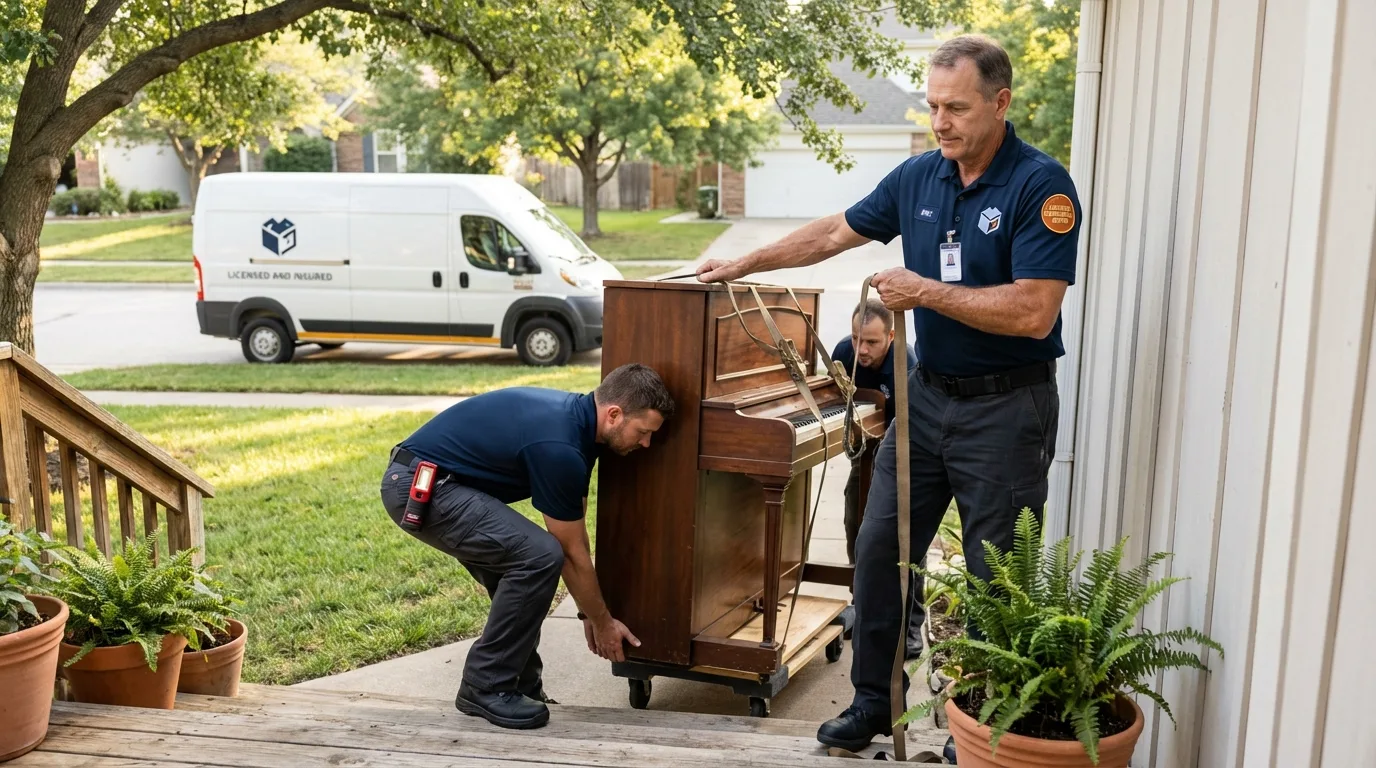 Licensed piano movers securing grand piano in Statesville, NC
