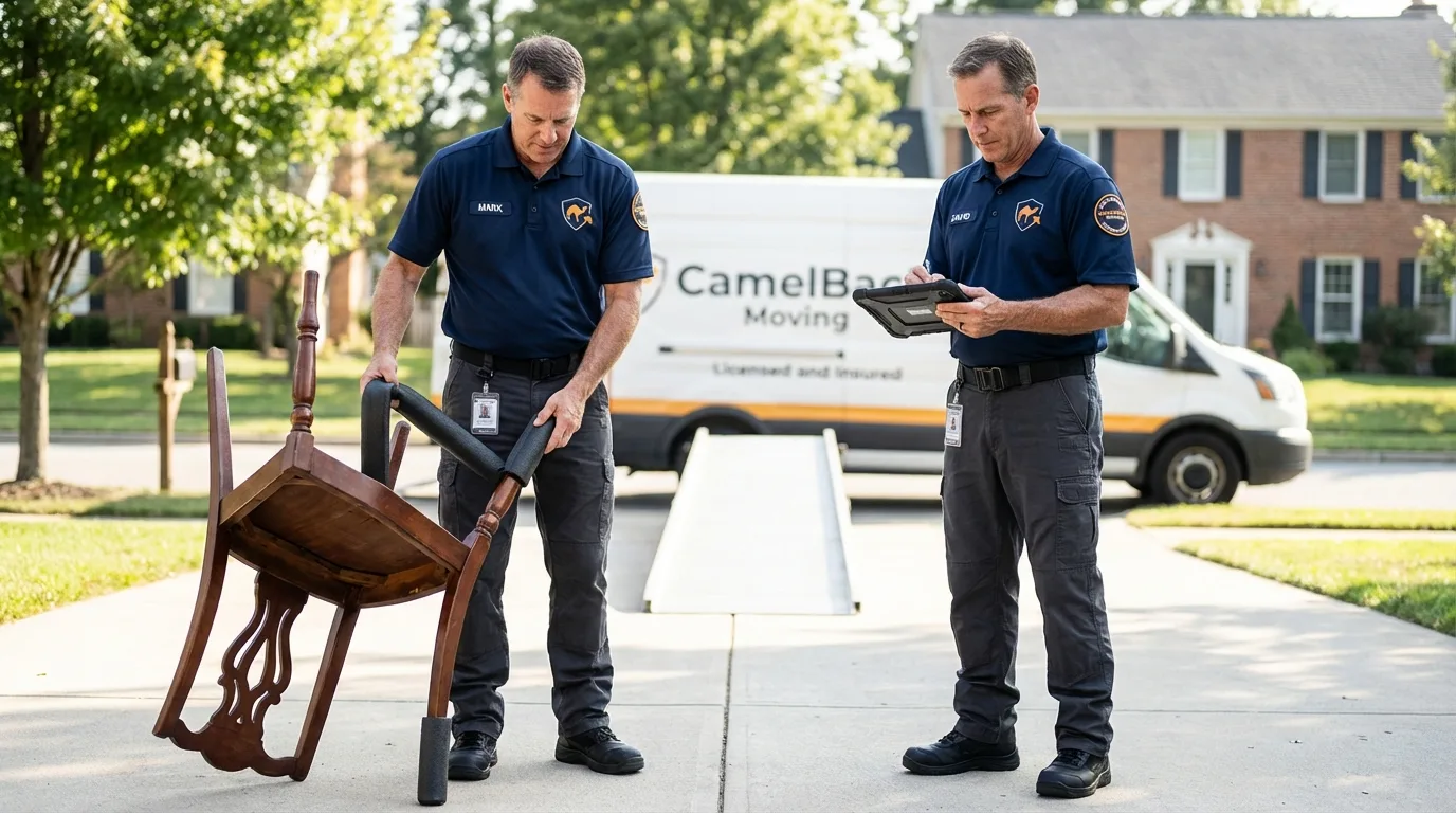 Movers inspecting furniture for damage prevention before loading in Statesville, NC