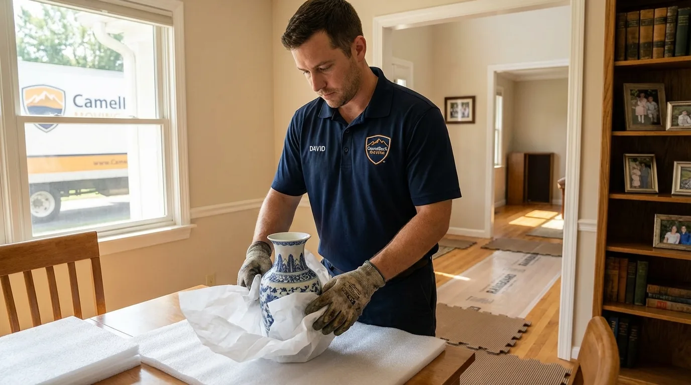 Professional crew carefully wrapping antique vase for senior downsizing move in Statesville, NC